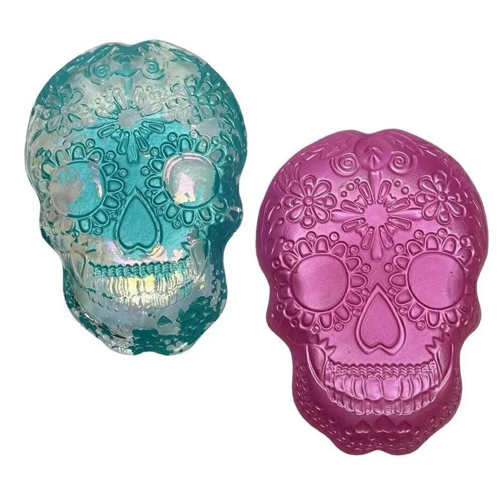 Two Glass Skull Iridescent Plates Pink and Blue Decor Dish